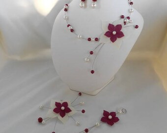 AZALEA wedding set 4 pieces necklace, buckles, ivory and Burgundy hair back and jewelry