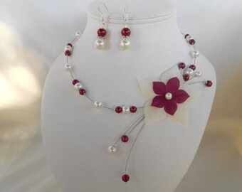 Parure mariage AZALEA 2 pièces collier et boucles en ivoire et bordeaux