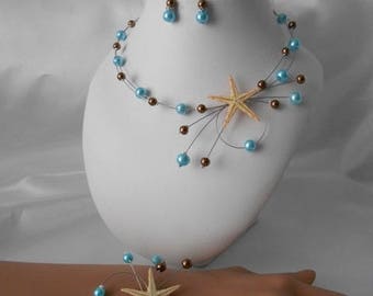 Bruiloft ornament 3 stuks "OCEANIE" ketting, armband & BO Turquoise en bruin