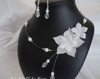 Parure mariage LOUCYA Collier & boucles avec perles nacrée blanche