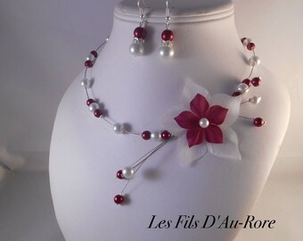 Parure mariage AZALEA 2 pièces collier & boucles bordeaux & blanc