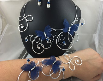 Parure Mariage ISABELLE collier, bracelet & boucles avec papillons bleu roi
