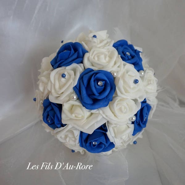 Bouquet mariage CAPUCCINE en bleu & roi avec plumes