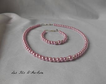 Parure Mariage "CHLOE " 2 pièces collier & bracelet nacrée rose poudré