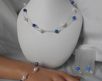 Parure mariage "ELA" 3 pièces avec collier, bracelet & BO bleu roi et blanche