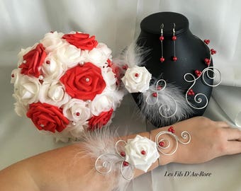 Ensemble mariage Bouquet Parure CAPUCCINE  LOLITA en rouge & blanc