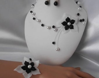 Conjunto de boda de 3 piezas "WHITE" collar, pulsera y pendientes, negro y plata