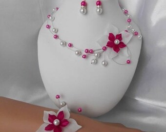 Parure mariage "CLEMENCE" collier, bracelet & BO fuchsia & blanche