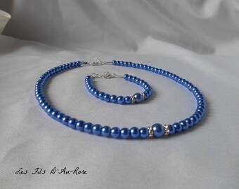 Parure Mariage "CHLOE " 2 pièces collier & bracelet nacrée bleu roi