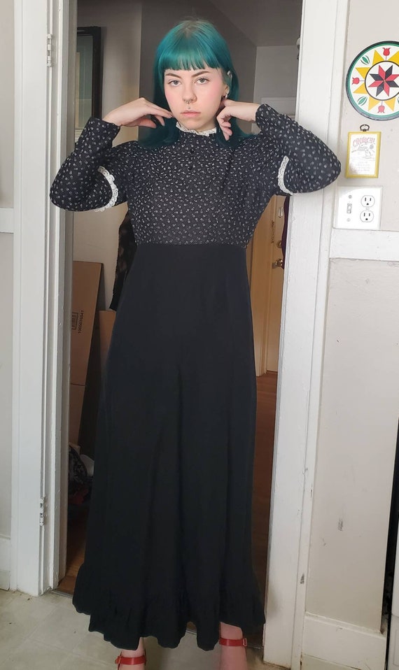 Vintage 1970s Black Gothic Victorian Prairie Maxi