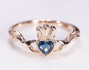 Gold Claddagh Ring/ Irish Claddagh/ London blue topaz Promise Ring/ Celtic Claddagh/ Claddagh Jewelry/ London blue topaz Engagement