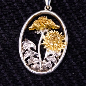 Sterlingzilveren gele paardebloemketting met 22 kt gouden bloei – hanger botanische bloem, natuurcadeau
