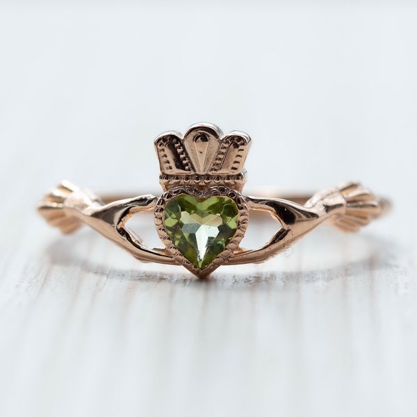 Gold Claddagh Ring/ Peridot Promise Ring/ Irish Claddagh/ Celtic Claddagh/ Claddagh Jewelry/ Peridot Engagement