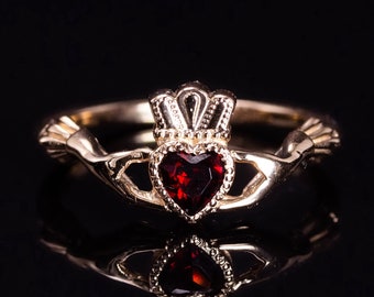 Gold Claddagh Ring/ Irish Claddagh/ Garnet Claddagh Promise Ring/ Celtic Claddagh/ Claddagh Jewelry/ Garnet Engagement