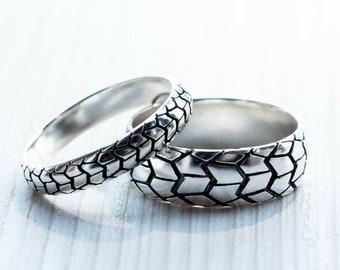 Matching rings. Sterling Silver Motorcycle Tire rings. Bike fan gift. His and Hers rings