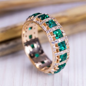 14K Emerald solid gold ring. Solid gold emerald ring. Eternity ring. Genuine emerald ring image 1