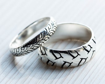 Matching rings. Sterling Silver Motorcycle Tire rings. Bike fan gift. His and Hers rings