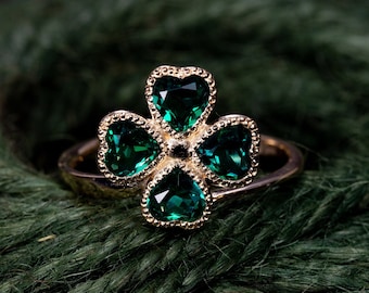 Anillo de trébol de cuatro hojas de esmeralda, joyería de oro de la suerte, anillo de corazón de piedra verde, regalo de aniversario