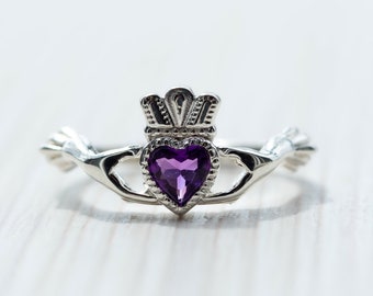Sterling Silver Amethyst Claddagh Ring – February Birthstone Purple Heart