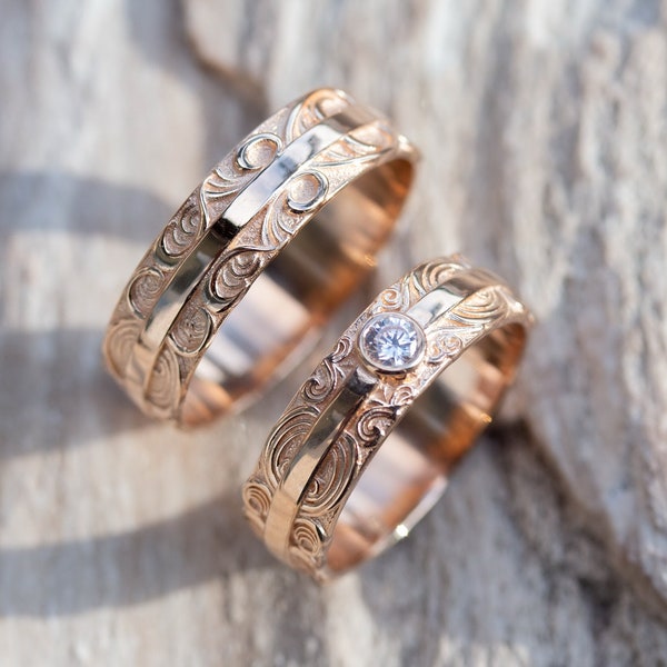 Gold wedding bands set with floral ornament. Matching couple ring. His and Hers rings.