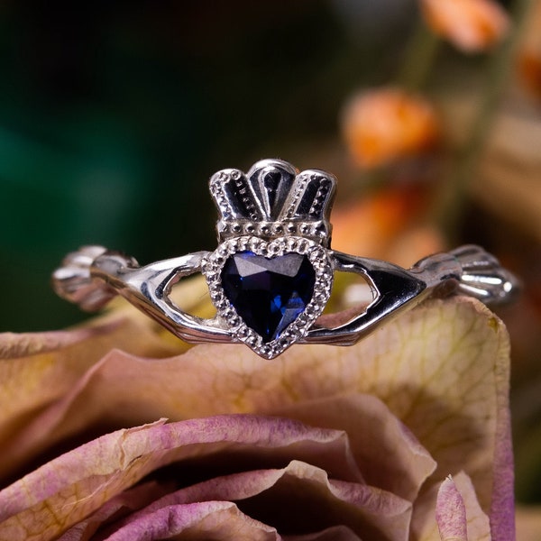 Silver Claddagh Ring with Sapphire Heart, Sterling Silver Sapphire Claddagh Ring,  Claddagh Ring Women, Promise Ring