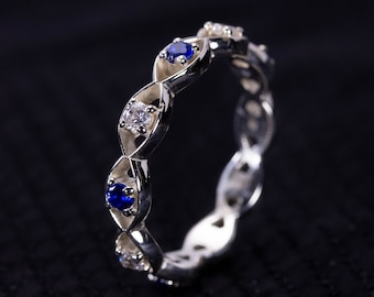 Sterling Silver Eternity Sapphire and Cubic Zirconia ring, Artisan Eternity Sapphire sterling silver ring, Sapphire band ring