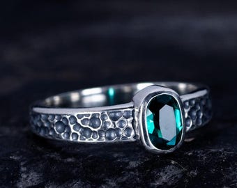 Hand-Forged Silver Ring with Emerald | Oxidized Emerald Ring | Unique Artisan Gift for Her or Him