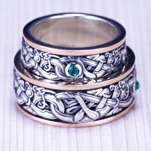 Gold & Silver Wedding Ring Set: Emerald Gemstone Bands