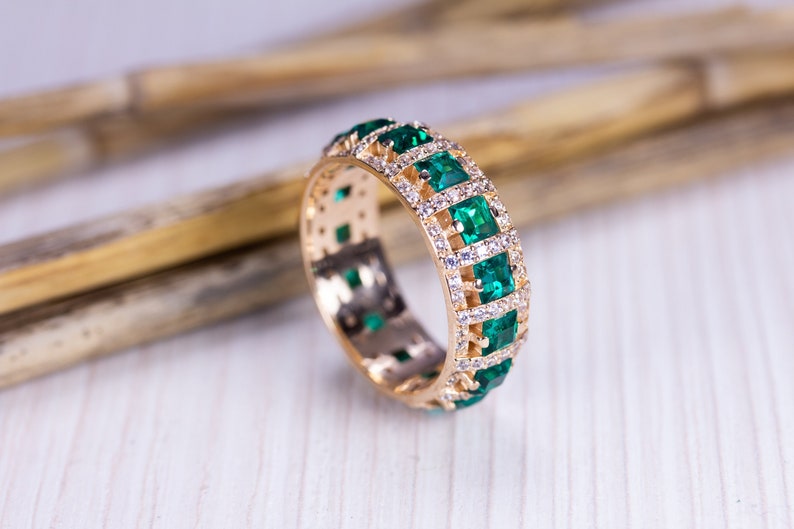 14K Emerald solid gold ring. Solid gold emerald ring. Eternity ring. Genuine emerald ring image 1