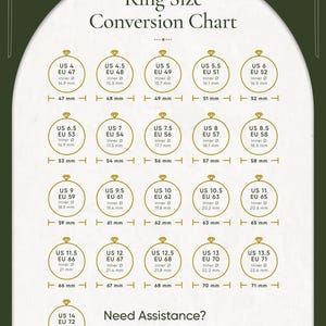 May include: Ring size conversion chart with US and EU ring sizes, including inner diameters in millimeters. Sizes range from US 4 (47 mm) to US 14 (72 mm). The chart is on a white background with a green border.