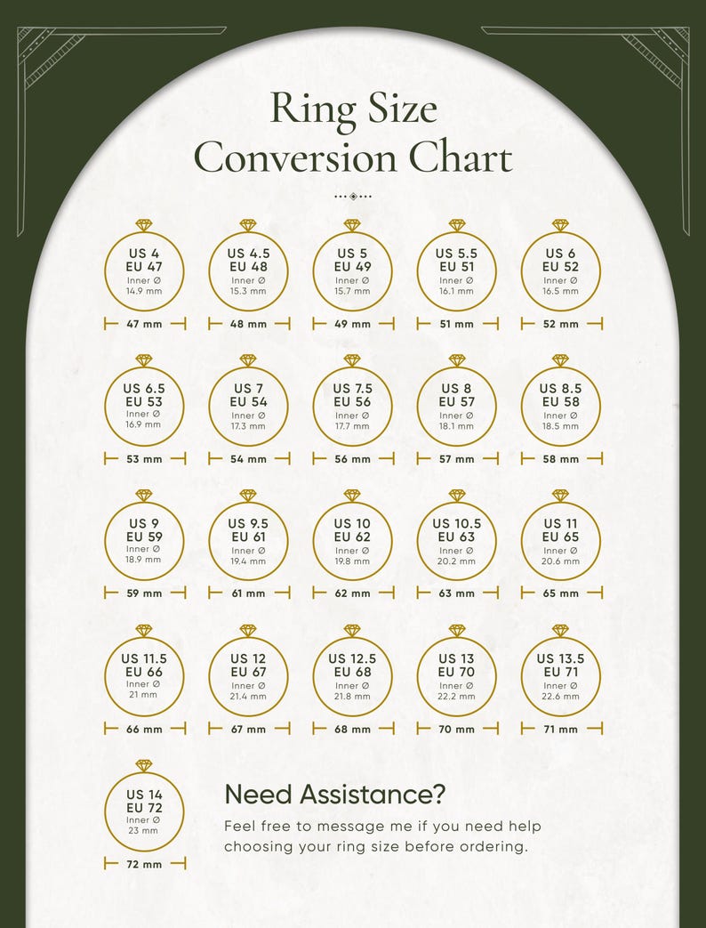 May include: Ring size conversion chart with US and EU ring sizes, including inner diameters in millimeters. Sizes range from US 4 (47 mm) to US 14 (72 mm). The chart is on a white background with a green border.