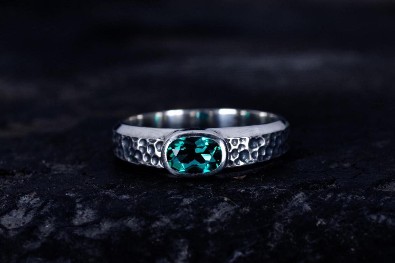Hand-Forged Silver Ring with Emerald | Oxidized Emerald Ring | Unique Artisan Gift for Her or Him