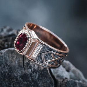 Men's gold ruby ring with blackending. Solid gold ring. Mens signet ring with gemstone. image 3