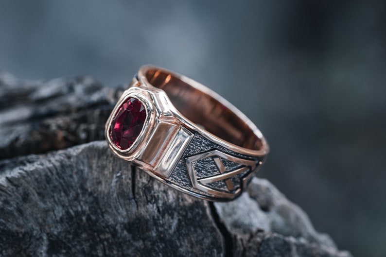 Men's gold ruby ring with blackending. Solid gold ring. Mens signet ring with gemstone. image 3