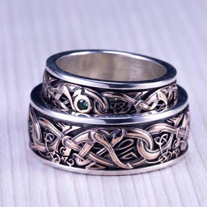 Rose Gold & Silver Wedding Ring Set: Emerald Gemstone Bands