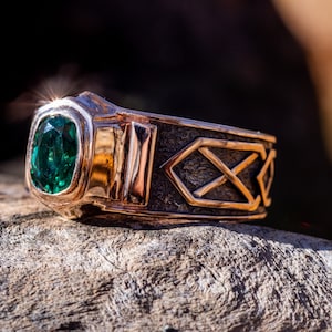 Mens blackened gold signet ring with emerald, may birthstone jewelry, fathers day gift