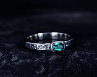 Hand-Forged Silver Ring with Emerald | Oxidized Emerald Ring | Unique Artisan Gift for Her or Him