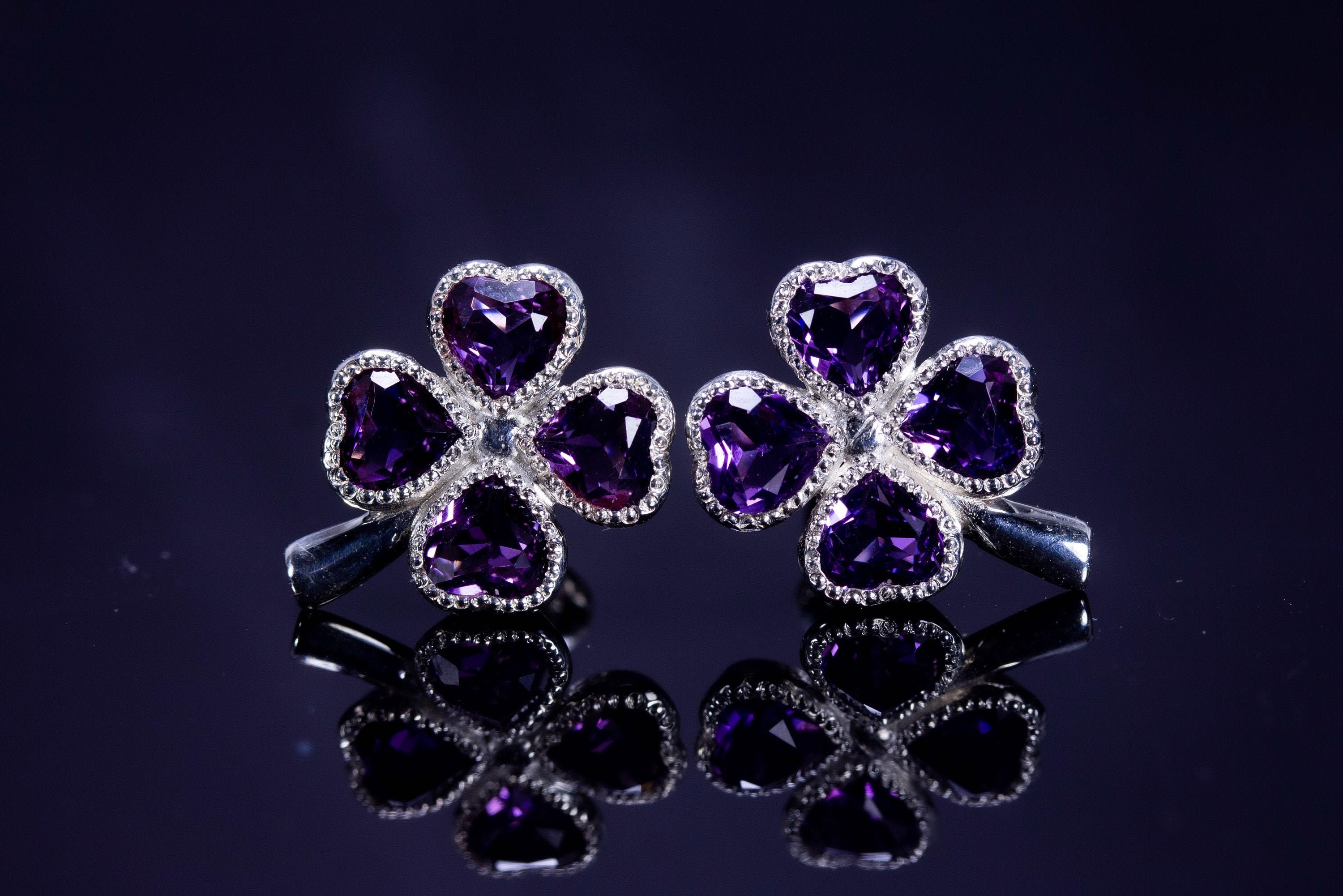Amethyst Four Leaf Clover Earrings: Sterling Silver Celtic Jewelry
