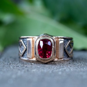 Men's gold ruby ring with blackending. Solid gold ring. Mens signet ring with gemstone. image 5