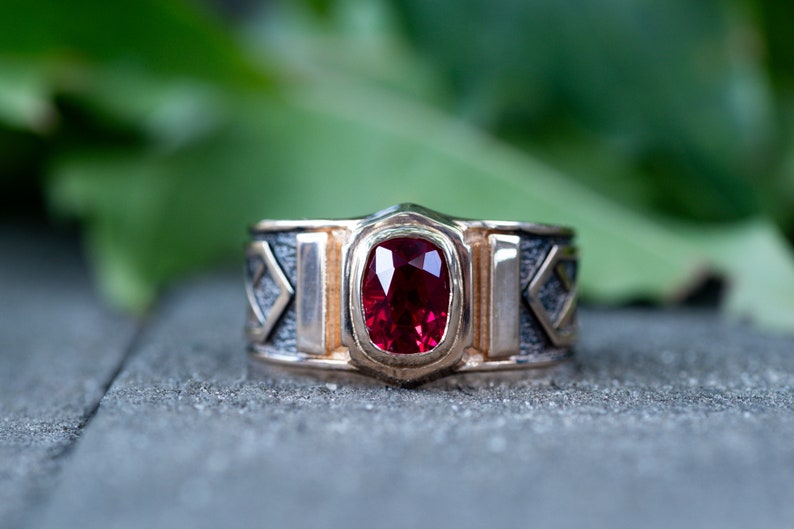 Men's gold ruby ring with blackending. Solid gold ring. Mens signet ring with gemstone. image 5