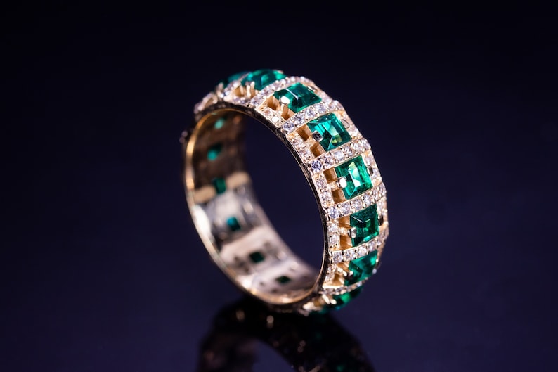 14K Emerald solid gold ring. Solid gold emerald ring. Eternity ring. Genuine emerald ring image 3