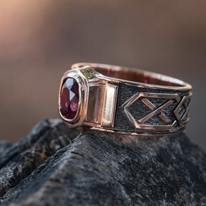 Men's gold ruby ring with blackending. Solid gold ring. Mens signet ring with gemstone. image 2