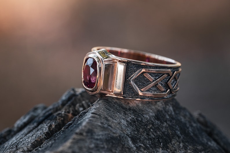 Men's gold ruby ring with blackending. Solid gold ring. Mens signet ring with gemstone. image 2