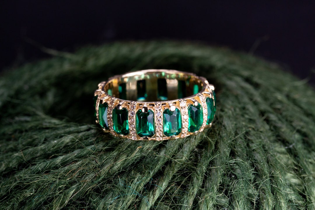 14k Solid Gold Emerald Wedding Band, Wide Cz Full Eternity Ring ...
