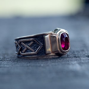 Men's gold ruby ring with blackending. Solid gold ring. Mens signet ring with gemstone. image 6