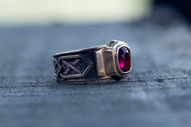 Men's gold ruby ring with blackending. Solid gold ring. Mens signet ring with gemstone. image 6