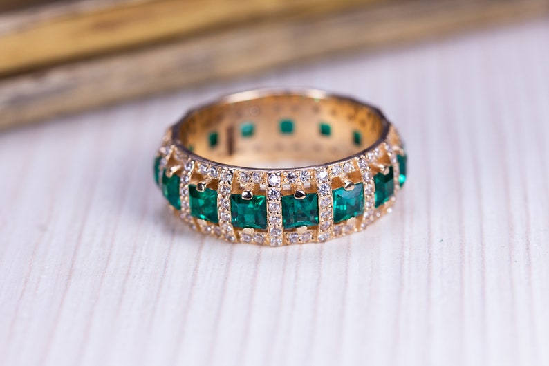 14K Emerald solid gold ring. Solid gold emerald ring. Eternity ring. Genuine emerald ring image 2