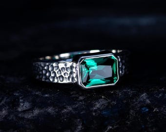 Hammered Silver Ring with Emerald | Octagon cut Green Gem Ring | Unique Artisan Gift for Her or Him