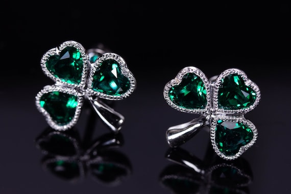 Emerald Shamrock Earrings. Sterling Silver Emerald Clover. Celtic