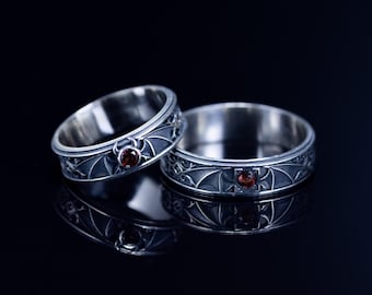 Gothic wedding band set, oxidized silver bat wings ring, medieval vampire garnet jewelry